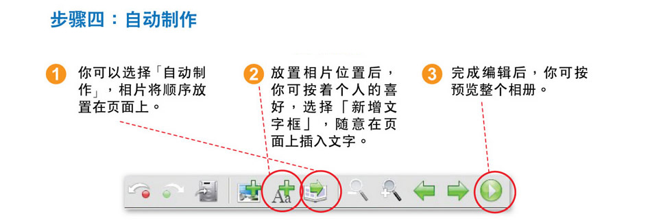 步骤四：自动制作，你可以选择自动制作,放置相片位置后，选择新增文字框随意在页面上插入文字，完成编辑后，你可点击预览整个相册