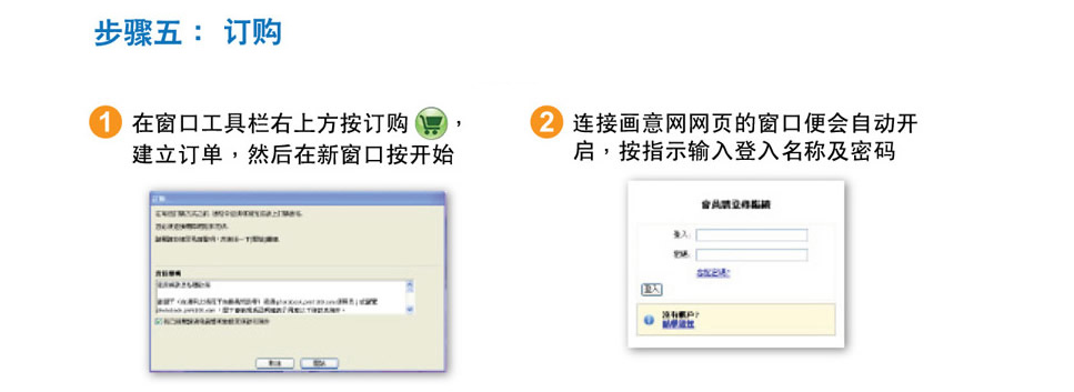 步骤五：订购在窗口工具栏右上方点击订购，建立订单，然后在新窗口按开始，连接画意网网页的窗口便会自动开启，按指示输入登入及密码