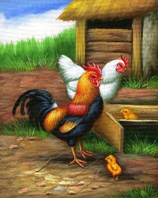 油画-幸福一家 鸡,装饰画