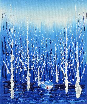 油画-林中雪夜 油画,树,雪