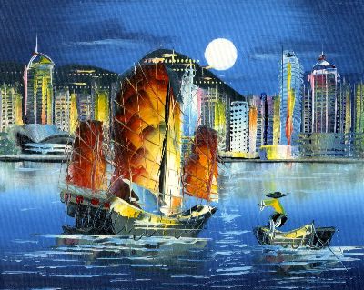 油画-夜泊 船舶,油画