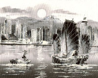 油画-黑白渔港 船舶,装饰画