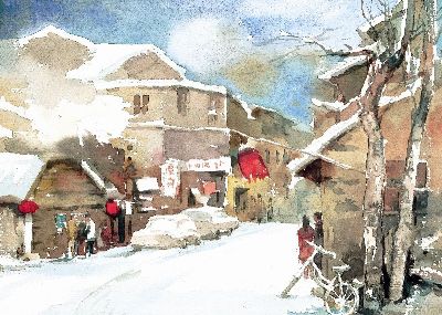 油画-小镇冬色一 雪景,装饰画