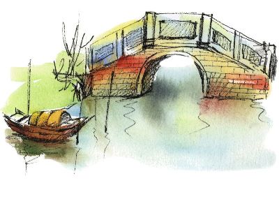油画-桥水相隔 乡村,装饰画