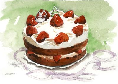 油画-草莓奶油蛋糕 西方美食,装饰画