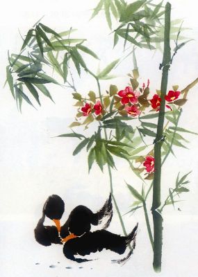 国画-竹林鸳鸯 国画 花卉
