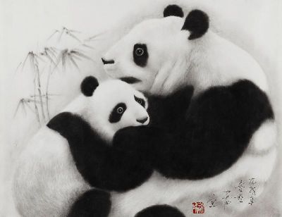 国画-两只熊猫 水墨画 熊猫
