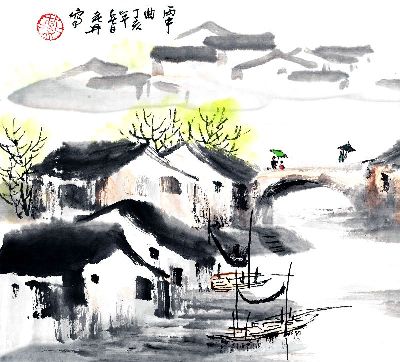 国画-小桥流水 水墨画 风景 乡村